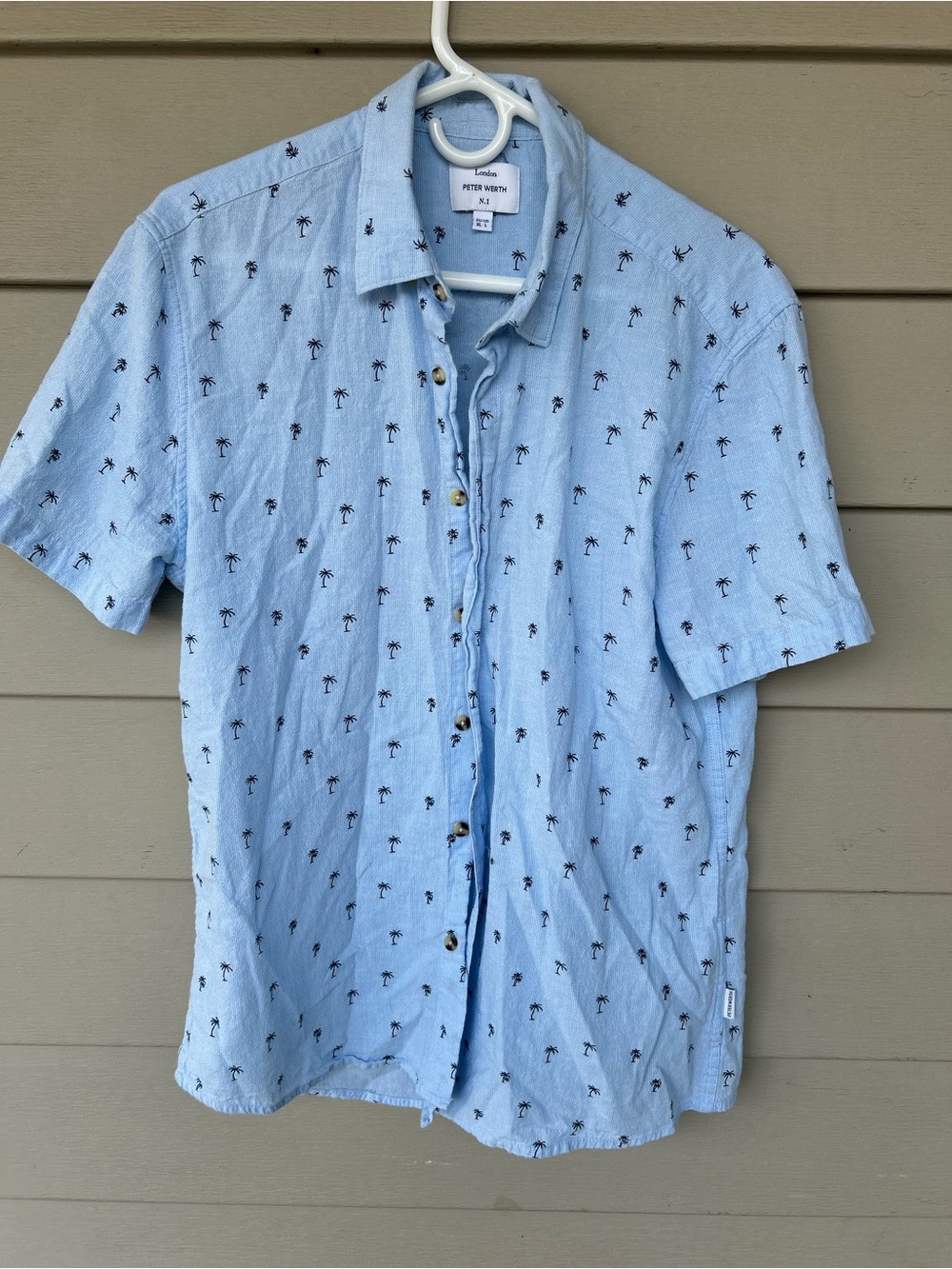 Peter Werth Linen Blend Light Blue Palm-Print Short Sleeve Button-Down Shirt